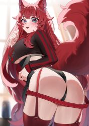 Rule 34 | 1girl, absurdres, alternate hair color, animal ear fluff, animal ears, ass, black shirt, blue eyes, blurry, blurry background, breasts, cropped shirt, esencey, fang, highres, indie virtual youtuber, lips, long hair, lumi (merryweather), open mouth, red garter straps, red thighhighs, shirt, solo, tail, thighhighs, virtual youtuber