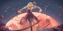 1girl absurdres agito_(agitoishere) arm_up bandage_over_one_eye bandaged_arm bandages black_pantyhose braid chromatic_aberration commentary dress flower full_body grey_hair highres holding holding_flower long_hair looking_at_viewer low_twin_braids pantyhose phrolova_(wuthering_waves) red_dress red_eyes red_petals signature single_sleeve solo spider_lily twin_braids wuthering_waves