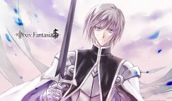 Rule 34 | 1boy, armor, breastplate, closed mouth, commentary request, gargadia empire, gauntlets, grey hair, holding, holding sword, holding weapon, looking at viewer, male focus, petals, pixiv fantasia, pixiv fantasia 5, shijou satori, short hair, smile, solo, sword, upper body, weapon