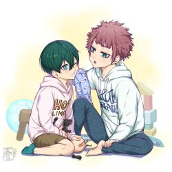 2boys aged_down animal_print aqua_eyes ball bandaid bandaid_on_knee bandaid_on_leg barefoot bird_print blue_lock blunt_bangs brothers child full_body green_hair green_hoodie green_socks grey_pants hair_between_eyes halu-ca highres hood hood_down hoodie itoshi_rin itoshi_sae kneeling light_blush male_focus multiple_boys one_eye_closed pants parted_lips pink_hoodie red_hair short_hair siblings sidelocks signature sitting soccer_ball socks toy_dinosaur wiping_mouth wooden_stool