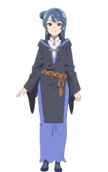 1girl black_robe black_shoes blue_skirt bun_with_braided_base closed_mouth earrings floating_earrings full_body genjitsu_no_yohane hair_bun highres hooded_robe jewelry long_hair long_skirt long_sleeves love_live! love_live!_sunshine!! official_art pink_eyes robe shirt shoes simple_background single_side_bun skirt smile solo split_mouth standing tachi-e transparent_background tsushima_yoshiko&#039;s_mother white_shirt yohane&#039;s_mother_(genjitsu_no_yohane)