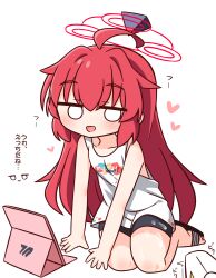 1girl :d ahoge bare_arms bare_shoulders black_sandals black_shorts blue_archive blush commentary_request full_body halo hana_kazari heart highres jitome long_hair looking_at_viewer maki_(blue_archive) o_o open_mouth print_shirt red_hair red_halo sandals shirt shorts simple_background sitting sleeveless sleeveless_shirt smile solo tablet_pc translation_request very_long_hair white_background white_shirt
