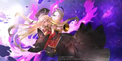 Rule 34 | 1girl, belt, black dress, black hat, blonde hair, breasts, brown belt, chinese clothes, commentary request, company name, crescent, crescent print, crossed bangs, dalachi (headdress), dress, energy, fingernails, floating hair, flying, frills, hair between eyes, hands up, hat, holding, holding instrument, instrument, junko (touhou), large breasts, long fingernails, long hair, long sleeves, looking to the side, mandarin collar, mayutsuba mono, music, neck ribbon, official art, outdoors, playing instrument, pom pom (clothes), purple sky, red eyes, red nails, red tabard, ribbon, sky, solo, space, star (sky), starry sky, tabard, tassel, touhou, touhou lostword, v-shaped eyebrows, wide sleeves, yellow ribbon