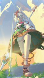 Rule 34 | 1girl, absurdres, ascot, cecilia immergreen, cecilia immergreen (1st costume), corset, detached collar, detached sleeves, doll joints, evening, from below, gradient hair, green corset, green eyes, green hair, green skirt, highres, holding, holding polearm, holding weapon, hololive, hololive english, joints, lance, multicolored hair, outdoors, polearm, red ascot, romper, skirt, solo, strapless romper, tivetives, upskirt, virtual youtuber, weapon, white hair, white romper, white sleeves, winding key