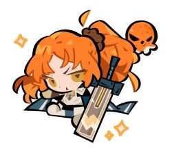 1girl armor artist_request blue_cape cape chibi freckles full_body greatsword green_eyes high_ponytail ishmael_(project_moon) limbus_company long_hair looking_at_viewer open_mouth orange_hair ponytail project_moon second-party_source simple_background solo sword umbrella_octopus very_long_hair weapon white_background zwei_association_west_uniform