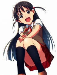 1girl :d asada_hachi black_hair black_socks blurry brown_vest collared_shirt commentary_request convenient_leg dated_commentary depth_of_field feet_out_of_frame hair_tie happy kneehighs long_hair looking_at_viewer open_mouth pleated_skirt red_neckwear red_ribbon red_skirt ribbon school_rumble shirt short_sleeves simple_background sitting skirt smile socks solo tsukamoto_tenma twitter_username two_side_up very_long_hair vest watermark white_background white_shirt