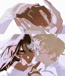 Rule 34 | 1boy, 1girl, alien stage, blonde hair, bridal veil, brown hair, closed eyes, commentary, dark-skinned female, dark skin, dated, earrings, english commentary, floating earrings, glasses, highres, husband and wife, hyuna (alien stage), jewelry, kiss, kissing cheek, long hair, luka (alien stage), nail polish, ring, see-through clothes, see-through veil, short hair, smile, uchiha i arts, veil, very short hair