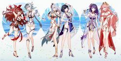 6+girls :d absurdres adapted_costume amber_(genshin_impact) animal_ears arm_up bird blush breasts brown_eyes brown_hair cleavage closed_mouth collarbone commentary_request eula_(genshin_impact) floppy_ears fox_ears genshin_impact gloves gradient_hair hair_ornament high_heels highres knees long_hair looking_at_viewer low-tied_long_hair multicolored_hair multiple_girls navel open_mouth pink_hair pokira purple_eyes purple_hair raiden_shogun shenhe_(genshin_impact) smile standing standing_on_one_leg tassel thighs visor white_gloves yae_miko yelan_(genshin_impact)