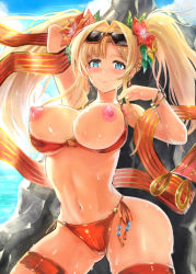 10s 1girl bikini blonde_hair blue_eyes breasts edobox eyewear_on_head female_focus granblue_fantasy large_breasts nipples red_bikini shawl solo sunglasses swimsuit twintails zeta_(granblue_fantasy) zeta_(summer)_(granblue_fantasy)