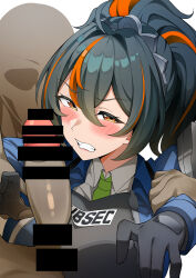 1boy 1girl absurdres bar_censor black_gloves black_hair blue_jacket blush censored clenched_teeth gloves hair_between_eyes highres jacket limelam06 long_hair orange_eyes orange_hair penis police police_uniform sidelocks solo_focus teeth upper_body zenless_zone_zero zhu_yuan