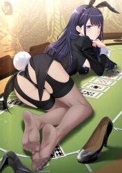 1girl animal_ears ass black_leotard black_thighhighs cosplay fake_animal_ears fake_tail feet garter_straps high_heels highleg highleg_leotard highres izayoi_arisa izayoi_arisa_(cosplay) kitagawa_marin leotard long_hair looking_at_viewer panties playboy_bunny rabbit_ears rabbit_tail soles sono_bisque_doll_wa_koi_wo_suru strapless strapless_leotard tail thighhighs underwear wrist_cuffs zaregoto_tsukai_no_deshi