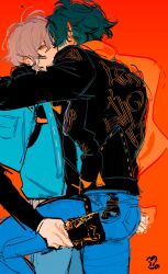 Rule 34 | 2boys, 5azps, belt, black jacket, black shirt, blue jacket, blue pants, blush, commentary request, denim, ear blush, feet out of frame, green hair, grey eyes, grey hair, hair between eyes, hand on another&#039;s thigh, highres, jacket, jeans, kiss, layered sleeves, leather, leather jacket, leg up, lighter (zenless zone zero), long sleeves, male focus, multiple boys, open clothes, open jacket, orange background, orange scarf, pants, parted bangs, pouch, scarf, shirt, short over long sleeves, short sleeves, shoulder pouch, simple background, spiked jacket, spikes, thigh belt, thigh pouch, thigh strap, wise (zenless zone zero), yaoi, zenless zone zero