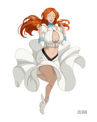 1girl bleach bleach:_sennen_kessen-hen breasts cleavage cleavage_cutout closed_eyes clothing_cutout detached_sleeves hair_ornament highres inoue_orihime large_breasts long_hair midriff orange_hair simple_background tagme