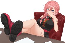 1girl absurdres black_dress blue_eyes blush braid braided_ponytail breasts china_dress chinese_clothes desk dress highres hololive large_breasts long_hair looking_at_viewer pink_hair shoes sleeveless sleeveless_dress smile solo takane_lui takane_lui_(5th_costume) tassel virtual_youtuber yomocha_skebmu_ji_zhong