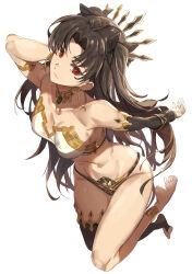 1girl arm_behind_back bare_shoulders black_panties black_ribbon breasts brown_hair earrings fate/grand_order fate_(series) full_body hair_ribbon highres hoop_earrings ishtar_(fate) jewelry long_hair medium_breasts nasubin_(nasubisamurai15) navel panties parted_bangs red_eyes revealing_clothes ribbon single_thighhigh solo thighhighs two_side_up underwear