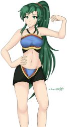1girl ahoge armpit_crease armpits artist_name boyshort_panties bra breasts clenched_hands collarbone earrings female_focus fire_emblem fire_emblem_warriors green_eyes green_hair groin hair_ornament halterneck hand_on_own_hip hand_up happy highres intelligent_systems jewelry knees legs long_hair looking_at_viewer lyn_(fire_emblem) matching_hair/eyes matching_underwear medium_breasts midriff navel neck nintendo official_alternate_costume official_underwear panties pointing pointing_at_self ponytail print_bra print_panties sidelocks simple_background smile sonicheroxd sports_bra standing stomach thighs underwear underwear_only white_background