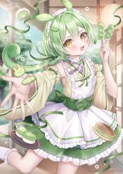 1girl :d apron blurry blurry_background blush brown_eyes brown_kimono brown_sleeves commentary_request depth_of_field detached_sleeves food frilled_apron frilled_skirt frilled_socks frills green_hair green_skirt hair_between_eyes hand_up highres holding holding_food japanese_clothes kimono kohinata_hoshimi long_hair long_sleeves low_twintails maid maid_headdress open_mouth outstretched_arm pleated_skirt signature skirt sleeveless sleeveless_kimono smile socks solo standing standing_on_one_leg twintails very_long_hair voicevox wa_maid white_apron white_socks wide_sleeves zundamon