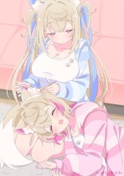 2girls animal_ears blonde_hair blue_hair blue_jacket breasts cleavage closed_eyes dog_ears dog_girl ear_cleaning flat_chest fuwawa_abyssgard highres hinata_hirune hololive hololive_english hood hood_down hooded_jacket jacket lap_pillow mococo_abyssgard multicolored_hair multiple_girls open_mouth pink_eyes pink_hair pink_jacket shirt siblings sisters streaked_hair twins two-tone_hair virtual_youtuber white_shirt