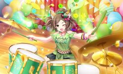 1girl ;d animal_ear_fluff animal_ears artist_request black_skirt bracelet brown_eyes brown_hair clothes_around_waist clothing_cutout confetti cowboy_shot drum drum_set drumsticks flower fox_ears fox_girl fox_tail green_shirt hair_ornament hair_scrunchie holding holding_drumsticks instrument jewelry kittun_(show_by_rock!!) looking_at_viewer multicolored_hair music musical_note official_art one_eye_closed open_mouth playing_instrument scrunchie shirt short_hair shoulder_cutout show_by_rock!! sitting skirt smile solo sparkle stage stage_lights streaked_hair tail third-party_source x_hair_ornament