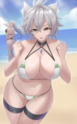 2girls a_(xenoblade) absurdres animal_ears ass beach bikini black_bikini black_choker black_thighlet breasts calmgreentori cat_ears cat_girl chest_jewel choker cleavage closed_mouth core_crystal_(xenoblade) criss-cross_halter grey_hair hair_between_eyes halterneck highres jewelry large_breasts legs long_hair looking_at_viewer messy_hair multiple_girls na&#039;el_(xenoblade) navel open_mouth short_hair stomach swimsuit thighlet thighs very_long_hair white_bikini xenoblade_chronicles_(series) xenoblade_chronicles_3 xenoblade_chronicles_3:_future_redeemed yellow_eyes