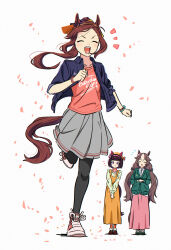 Rule 34 | 3girls, absurdres, animal ears, appleq, black pantyhose, blue shirt, brown dress, brown shoes, collared shirt, commentary request, dress, dress shirt, floral print, green jacket, green shoes, grey background, highres, horse ears, horse girl, horse tail, jacket, multiple girls, nishino flower (umamusume), open clothes, open shirt, orange socks, own hands together, pantyhose, petals, pink shirt, pink shoes, pink skirt, print shirt, running, sakura bakushin o (umamusume), shirt, shoes, skirt, sleeveless, sleeveless dress, socks, tail, umamusume, white shirt, yamanin zephyr (umamusume)