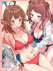 2girls :d ahoge bikini blue_eyes breasts brown_hair cleavage gakuen_idolmaster halterneck hanami_saki hanami_ume highres hiyoko_neneko idolmaster jacket large_breasts long_sleeves medium_breasts multiple_girls navel open_clothes open_jacket open_mouth red_bikini red_hair siblings side-tie_bikini_bottom sisters sitting smile string_bikini swimsuit translation_request white_jacket yellow_eyes
