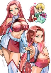 1boy 1girl absurdres alfred_izuruha bernard_wiseman blonde_hair breasts cleavage green_eyes gundam gundam_0080 highres large_breasts long_hair miniskirt multiple_views navel okrdisk2000 skirt white_background