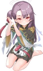 1girl bare_legs black_skirt blue_archive blush chinese_clothes halo highres hoshi_umi long_hair looking_at_viewer mask peking_opera_club_student purple_hair red_eyes ribbon simple_background sitting skirt solo white_background yellow_ribbon