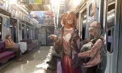 3girls ad alternate_costume bag g11_(girls&#039;_frontline) girls&#039;_frontline glasses highres jacket long_skirt m4_sopmod_ii_jr miyabino_(miyabi1616) multiple_girls seat side_ponytail skirt sleepy slice_of_life st_ar-15_(girls&#039;_frontline) subway tokarev_(girls&#039;_frontline) train train_interior woollen_cap