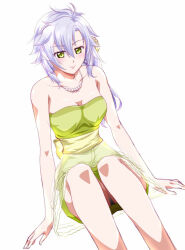 1girl bare_shoulders breasts curtained_hair dress eiyuu_densetsu fie_claussell green_eyes hair_between_eyes jewelry long_hair necklace panties pantyshot parted_bangs pearl_necklace sen_no_kiseki sen_no_kiseki_(series) sen_no_kiseki_iv sideburns simple_background sitting sleeveless small_breasts solo underwear white_background white_hair xiacheng_tatsuya