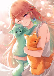 1girl ;) alternate_costume animal animal_hug aqua_hair blush cat chonkers_(takanashi_kiara) closed_eyes dress frilled_dress frills gradient_hair holding holding_animal holding_cat hololive hololive_english long_hair looking_at_viewer multicolored_hair one_eye_closed orange_hair sebu_illust sleeveless sleeveless_dress smile smoothie_(takanashi_kiara) standing takanashi_kiara virtual_youtuber white_dress