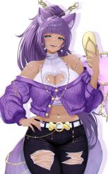 Rule 34 | 1girl, animal ear fluff, animal ears, bare shoulders, belt, black pants, blue eyes, breasts, cha cha (vtuber), cleavage, cleavage cutout, clothing cutout, collarbone, dark-skinned female, dark skin, earrings, gold necklace, hair ornament, hair stick, hand on own hip, heart cutout, highres, holding, indie virtual youtuber, jewelry, kangaruu (momotk1109), la chancla, midriff, mole, mole on breast, mole under mouth, navel, necklace, off shoulder, pants, purple hair, purple nails, shiny skin, solo, torn clothes, torn pants, virtual youtuber, white belt