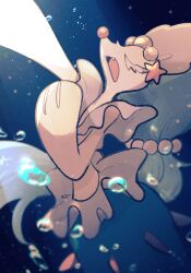 air_bubble arm_up blue_hair bubble closed_eyes colored_eyelashes colored_skin fang gen_7_pokemon long_hair nintendo no_humans open_mouth pokemon pokemon_(creature) pokemon_focus primarina sstoh underwater very_long_hair white_eyelashes white_skin