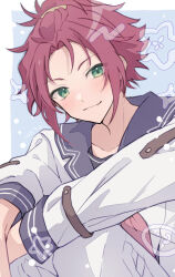 1boy blue_sailor_collar closed_mouth ensemble_stars! green_eyes half_updo hands_out_of_frame highres isara_mao long_sleeves looking_at_viewer male_focus red_hair reijiro sailor_collar short_hair smile solo