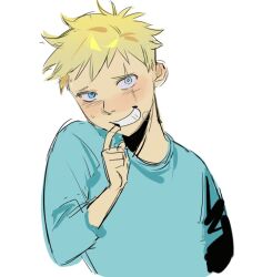 1boy arm_behind_back blonde_hair blue_eyes blue_shirt blush butters_stotch hand_up kugai697139 long_sleeves looking_at_viewer male_focus messy_hair scar scar_across_eye scar_on_face shirt short_hair simple_background smile solo south_park sweatdrop teeth upper_body white_background