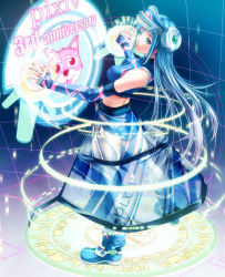 1girl aqua_eyes aqua_hair breasts dog female_focus fingerless_gloves full_body gloves head-mounted_display highres long_hair pixiv pixiv-tan rezi solo