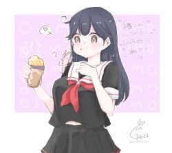 +_+ 1girl ahoge black_hair black_serafuku black_shirt black_skirt brown_eyes commentary_request cosplay cowboy_shot eating food highres kantai_collection kurohina_(kurohina_66_s) neckerchief one-hour_drawing_challenge pleated_skirt red_neckerchief sailor_collar school_uniform serafuku shiratsuyu_(kancolle) shiratsuyu_(kancolle)_(cosplay) shirt short_sleeves signature skirt solo sweet_potato translation_request ushio_(kancolle) white_sailor_collar