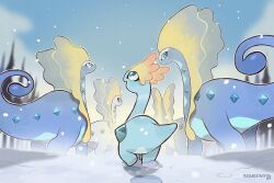 amaura artist_name aurorus blue_eyes blue_skin blue_sky colored_skin curled_tail day dinosaur evolutionary_line gen_6_pokemon nintendo no_humans outdoors pokemon pokemon_(creature) sauropod sky snow squeegool tail