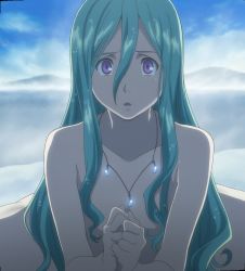 00s 1girl :o alternate_hair_length alternate_hairstyle anime_screenshot aqua_hair censored clenched_hands cloud convenient_censoring day eureka_(eureka_seven) eureka_seven eureka_seven:_pocket_ga_niji_de_ippai eureka_seven_(series) female_focus flat_chest glint hair_between_eyes hair_censor hair_over_breasts highres jewelry long_hair looking_at_viewer mountain necklace non-web_source nude open_mouth outdoors own_hands_together parted_bangs pendant public_indecency public_nudity purple_eyes sidelocks sky solo spoilers stitched surprised tears third-party_edit upper_body very_long_hair wet wet_hair zenra