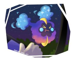 &gt;_&lt; border closed_eyes closed_mouth commentary cosmog english_commentary floating full_body gen_7_pokemon legendary_pokemon night night_sky nintendo peppertart pokemon pokemon_(creature) pokemon_focus pout sky star_(sky) starry_sky tumblr_username watermark web_address white_border