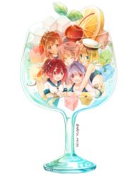 10s 5girls :d ^_^ absurdres ahoge bare_shoulders blonde_hair blue_eyes blush breasts brown_eyes brown_hair cherry closed_eyes cup drinking_glass food fruit gelatin glass glasses hair_ornament hair_ribbon hat highres i-168_(kancolle) i-19_(kancolle) i-401_(kancolle) i-58_(kancolle) i-8_(kancolle) in_container in_cup in_food kantai_collection long_hair mini_person minigirl mint multiple_girls one-piece_swimsuit open_mouth orange_(fruit) orange_slice ponytail red-framed_eyewear red_eyes red_hair ribbon sailor_collar school_swimsuit school_uniform serafuku serino_itsuki short_hair short_ponytail smile submerged swimsuit swimsuit_under_clothes twintails twitter_username white_background