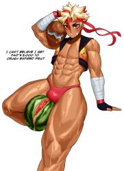 1boy abs absurdres bandaged_arm bandages bandaid bandana blonde_hair bloody_max_(tealstarranger) blush bulge coconut dark_skin english_text fingerless_gloves food fruit gloves highres looking_at_viewer male_focus male_swimwear muscular navel original red_eyes red_swim_trunks short_hair simple_background solo sotcho sweat swim_briefs trap vest watermelon white_background