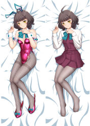 1girl ahoge animal_ears aqua_bow aqua_bowtie blunt_bangs bow bowtie breasts brown_eyes brown_hair covered_navel dakimakura_(medium) detached_collar dress fake_animal_ears fake_tail fishnet_pantyhose fishnets grey_pantyhose high_heels highleg highleg_leotard kantai_collection kishinami_(kancolle) leotard long_sleeves moke_ro no_pupils pantyhose playboy_bunny pleated_dress purple_dress purple_footwear purple_leotard rabbit_ears rabbit_tail school_uniform seamed_legwear shirt short_hair side-seamed_legwear small_breasts strapless strapless_leotard tail thighband_pantyhose wavy_hair white_shirt white_wrist_cuffs wrist_cuffs