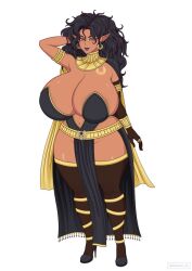 Rule 34 | 1girl, black hair, breasts, daemonhx, dark-skinned female, dark elf, dark skin, elf, huge breasts, original, pelvic curtain, pointy ears, solo, wide hips