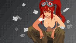 1girl bare_arms bare_shoulders bikini bikini_top_only breast_focus breasts character_request cigarette colorized glasses_on_head grey_background half-closed_eyes high_ponytail japanese_text large_breasts long_hair looking_down open_mouth picopico256 pixel_art ponytail red_eyes red_hair smoke solo squatting standing swimsuit tagme the_scramble_vice translation_request twintails visible_ears