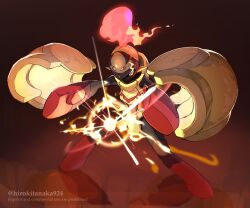 absurdres armarouge armor artist_name eye_trail fiery_hair fire floating_armor glowing glowing_eyes helmet highres light_trail nintendo pokemon pokemon_(creature) powering_up red_background red_eyes tanaka_(is2_p) yellow_armor