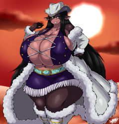 1girl animal_ears black_hair breasts cosplay cow cow_ears curvy dessert_background furry gigantic_breasts hat huge_breasts mature_female looking_at_viewer nico_robin nico_robin_(alabasta) nico_robin_(cosplay) one_piece sand solo summer_(jwinkz) sun sunset superix tagme thick_thighs thighs wide_hips