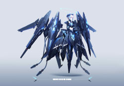 1girl absurdres armor blue_eyes floating full_body grey_background halo headgear highres jhcrow3 mecha_musume mechanical_halo mechanical_wings navel original science_fiction short_hair solo wings