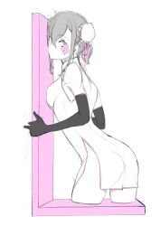 1girl absurdres ass breasts bun_cover china_dress chinese_clothes closed_mouth dress elbow_gloves facial_mark gloves greyscale highres medium_hair monochrome pink_ribbon ribbon sideboob simple_background solo spot_color v_lila_f white_background yasuda_suzuhito yozakura_quartet