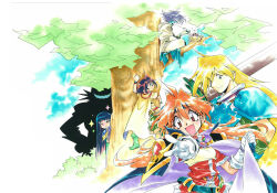 3boys 3girls amelia_wil_tesla_seyruun araizumi_rui armor bird black_hair breasts cape fang father_and_daughter forest gourry_gabriev grin happy lina_inverse long_hair looking_at_viewer multiple_boys multiple_girls nature nest non-web_source official_art outdoors philionel_el_di_seyruun red_hair retro_artstyle shaded_face slayers smile sword sylphiel_nels_lahda tree v weapon witch zelgadiss_graywords